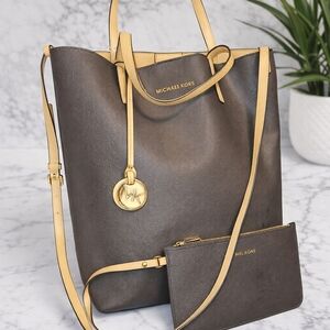 Michael Kors Brown Leather Tote with Yellow Trim and Wristlet